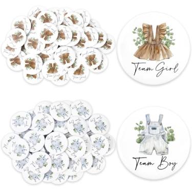 Imagem de JarThenaAMCS 50 peças de roupas de bebê broche de botão revelar gênero equipe menina menino botão crachá de metal para chá de bebê lembrancinha de festa suprimentos de jogos, 4,8 cm