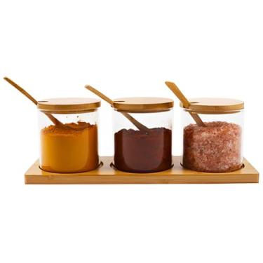 Imagem de Porta Temperos Bambu Ervas Especiarias Decoração Organizador Cozinha 3 Pcs de Vidro Com Base Bambu