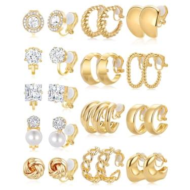 Imagem de Tornito 13 pares de brincos de argola para mulheres, grossos, não perfurados, zircônia cúbica, nó de pérola, croissant, tubo torcido, conjunto de brincos, brincos falsos, joias, banhado a ouro 14