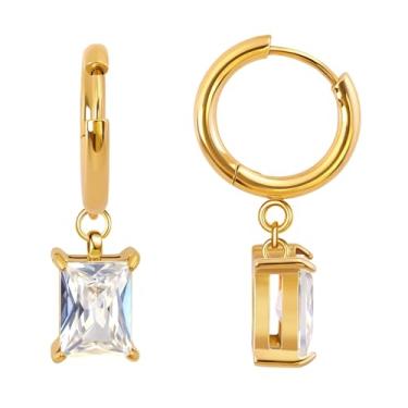 Imagem de FANSING Brincos de aniversário femininos com pingente de gota, brincos de baguete, pedra do mês de nascimento, aço cirúrgico, banhado a ouro 18 k, one size, Metal, Sem pedra preciosa