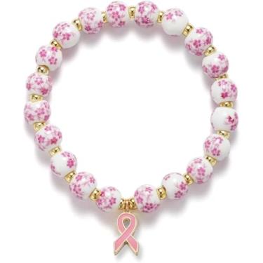 Imagem de Pulseiras de câncer de mama pulseiras de pingente de fita rosa pulseiras elásticas com contas de flores acessórios de conscientização do câncer presente de cuidados, One Size, Liga de aço, Sem Pedra
