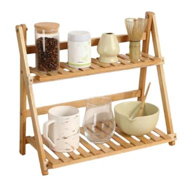 Imagem de NUOLUTH Prateleira organizadora de estação Matcha: suporte de bambu dobrável de 2 camadas para batedor Matcha, canecas de café e plantas pequenas, rack de exibição de bancada de 40 cm para cozinha
