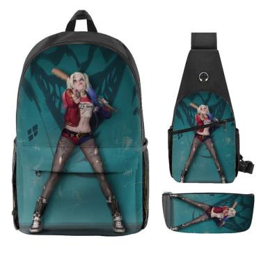 Imagem de Conjunto de mochilas Harleys Quinns Anime, 3 peças para mochila escolar infantil