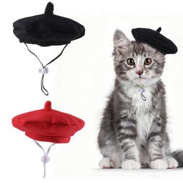 Imagem de HACRAHO Conjunto de chapéu de boina de gato, 2 peças, fantasia de princesa vermelha e preta para Halloween, Natal, gato, cachorro, festa de aniversário (P)