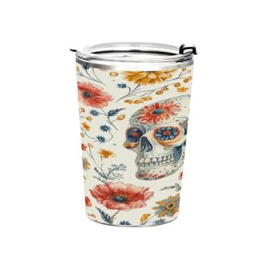 Imagem de STAYTOP Lindo copo de aço inoxidável de caveira de flor de 368 g, copo de café isolado com tampa e canudo, caneca de café de viagem de parede dupla para bebidas quentes e frias