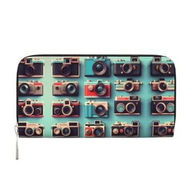 Imagem de SKKNT Coleção de câmera retrô descolada com estampa espaçosa e moderna carteira de mão de couro feminina clutch para uso casual e em viagens, preta, tamanho único, arte