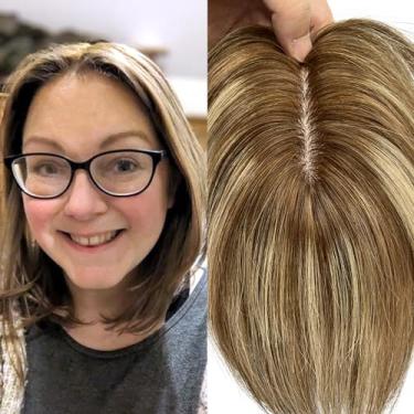 Imagem de FQNing Topper De Cabelo Humano Para Mulheres, Seda, Densidade Média, Peça Reta, Ralo (14", T14/8 Dimensional, Morena Com Mechas Loiras, Raiz Nível 7/8)