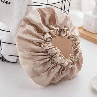 Imagem de 1 touca de banho impermeável de camada dupla para mulheres, cor sólida, reutilizável, fácil de limpar, touca de banho chapéu Banie (champanhe)