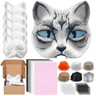 Imagem de Draupnir 6Pcs Therian Fox with Fur and Eye Mesh, DIY Blank White Paper Cat Face to Paint, Cat Nask Therian Furry Mask for Halloween Masquerade Cosplay Party