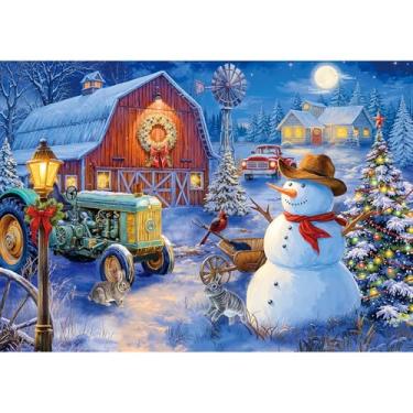 Imagem de Rocorose Quebra-cabeça de Natal de 500 peças, quebra-cabeça de cena noturna de neve de inverno para adultos desafiador vilarejo caminhão vermelho com boneco de neve, presentes festivos para família e