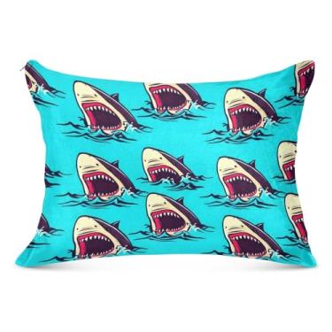 Imagem de Fronha decorativa azul de tubarões de desenho animado com zíper padrão Queen King Size fronha fofa para sofá de cama de casa, tamanho Queen, 50,8 cm x 76,2 cm