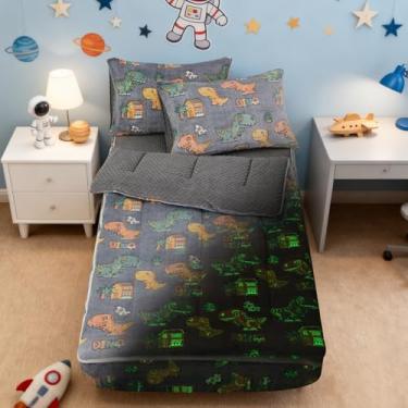 Imagem de Btargot Roupa de cama com tema de dinossauro cinza laranja que brilha no escuro, durável, com zíper, para crianças, meninos e meninas, tamanho solteiro