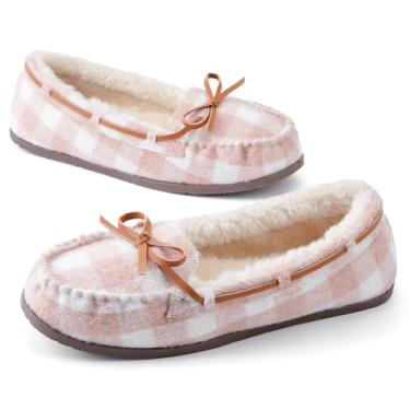 Imagem de KOLILI Mocassim feminino de pele sintética, para uso interno e externo, quente e aconchegante com sola de borracha durável, Xadrez rosa, 38