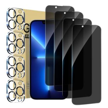 Imagem de Pacote com 4 + 4 protetores de tela para iPhone 13 Pro Max com protetor de lente de câmera cobertura total, película de vidro temperado anti-espião, dureza 9H, fácil instalação, sem bolhas [6,7