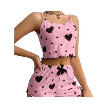 Imagem de Conjunto De Pijama Feminino Com Estampa De Coração, Top Cropped Sem Ma