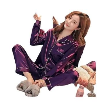 Imagem de Conjunto De Pijamas De Seda plus Size Para Mulheres Outono Inverno Rou