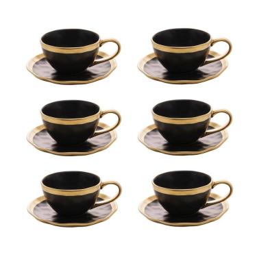 Imagem de Cj 6 Xícaras P/Chá C/Pires de Porcelana Preto Fosco/Dourado Dubai 200ml Wolff