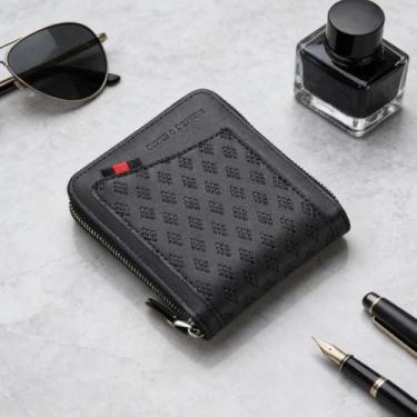 Imagem de Carteira masculina retrô, preta, de camurça, brilhante, confortável, design retrô curto com fecho de pressão, material de camurça brilhante e sensação confortável ao toque