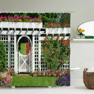 Imagem de Cortina de chuveiro paisagem natural impressa tecido impermeável cenário rural cortinas de chuveiro para banheiro chuveiro com ganchos 71x80in-180x203 cm/LxA cortina de chuveiro creme