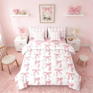 Imagem de Erosebridal Conjunto de cama queen com laço quadriculado moderno, estético, coquete, laço de fita, kawaii, geométrico, para crianças, meninas, mulheres, conjunto de edredom com lençol de princesa