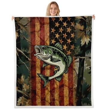 Imagem de Erosebridal Manta de lã camuflada com bandeira americana, Queen, 227 x 239 cm, robalo, peixe, felpudo, para sofá, campo, floresta, camuflagem, manta de sherpa, rústico, natureza, galhos mortos, padrão