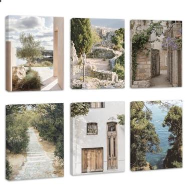 Imagem de HOURIA 6 peças emolduradas vintage Itália Toscana paisagem lona conjunto de arte de parede, 20,3 cm x 25,4 cm impressões de cidades mediterrâneas rústicas decoração de parede, paisagem rural italiana