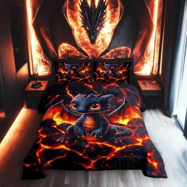 Imagem de Conjunto de edredom de dragão tamanho king, erupção vulcânica, 3D, vermelho, lava e chama, 3 peças, para adultos, fofo dragão negro, animal místico, desastre natural, edredom de plumas, 2 fronhas