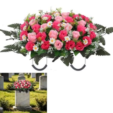 Imagem de Wocst Sela de flor de lápide, flores de cemitério artificiais grandes para sepulturas artificiais de rosas e margaridas para lápide de cemitério (rosa)