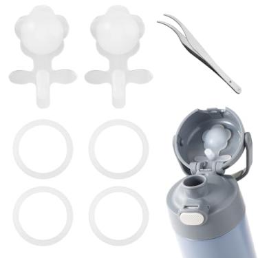 Imagem de 2 peças de rolha de substituição com 4 anéis de vedação para garrafa térmica funtainer de aço inoxidável de 473 ml, tampa de silicone floral com junta e pinça (transparente)
