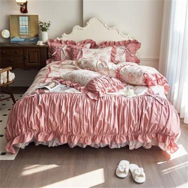 Imagem de Conjunto de cama com estampa floral vintage, babados e pregas, em algodão, incluindo capa de edredom, lençol e fronhas, tamanho king (4 peças).