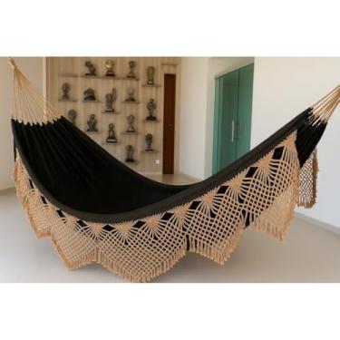 Imagem de Rede de Descanso Dormir Casal Bucho de Boi Luxo Grande 4,5 Metros Reforçada (Preto Com Detalhe Caramelo)