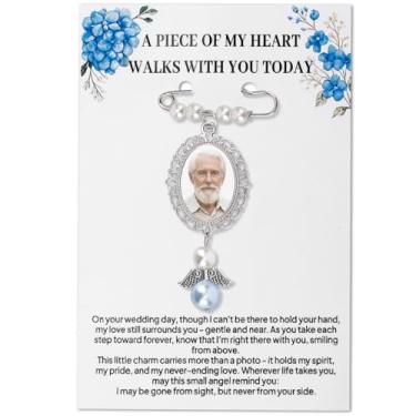 Imagem de Mikovivi Amuleto de foto de buquê de casamento, pingente oval de memorial de buquê de noiva com cartão azul presente foto broche de pérola para noivo pingente de lembrança de memória