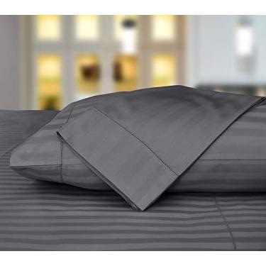 Imagem de Jogo de lençol de cama luxuoso com 4 peças, 500 fios, 100% algodão, 2 cm, listras damasco ELS da Threadmill Home, para colchões de até 45 cm de profundidade, cetim liso, Dark Grey, King Pillowcases