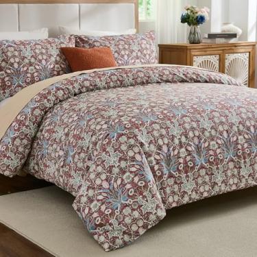 Imagem de Cozeline 100% algodão capa de edredom tamanho king, conjunto de cama estampado vermelho Paisley com fecho de zíper, 3 peças de capa de edredom respirável e luxuosa para todas as estações