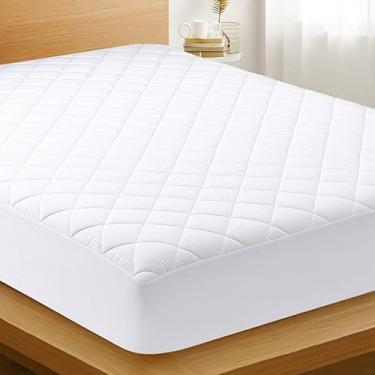 Imagem de Almofada de colchão impermeável de 400 g/m², protetor de colchão acolchoado com parte superior de microfibra, suporte de TPU, bolso profundo de 53 cm, sem ruído, capa de cama respirável, branco, queen