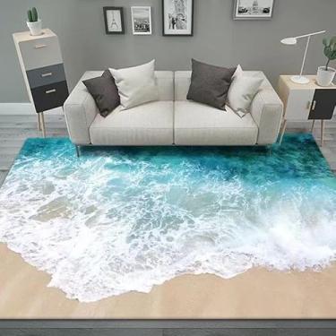 Imagem de Tapetes costeiros visuais 3D com tapete de praia oceânico, tapete de praia grande com ondas do mar azul, para sala de estar, tapetes náuticos antiderrapantes para decoração tropical de casa (oceano)