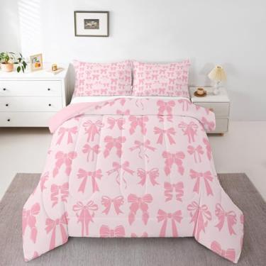 Imagem de Feelyou Conjunto de edredom Queen com laço rosa, tamanho Queen, para crianças, adolescentes e adultos, conjunto de cama com laço fofo estilo princesa sonhadora, conjunto de edredom para decoração de