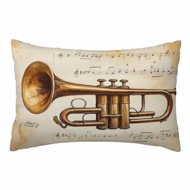 Imagem de Nicokee Capa de almofada vintage trompete instrumento musical retrô capa de almofada de poliéster decorativa para sofá, quarto, sala de estar, tamanho Queen 50 x 76 cm