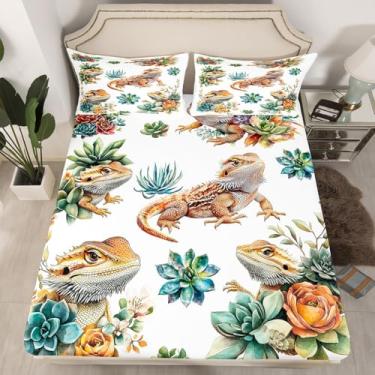 Imagem de Jogo de cama solteiro com desenho de dragão barbudo, lagarto de animais répteis, decoração de quarto de meninos e meninas, cacto, botânico, animal de estimação ocidental, moderno, moderno, 1 fronha
