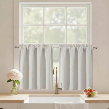Imagem de Ebesto Cortinas curtas naturais de 61 cm de comprimento, 2 painéis, cortinas de janela de cozinha com filtragem de luz sobre a pia, meia janela com bolso para varão para armário de porão de banheiro