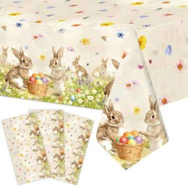 Imagem de Tedercle Toalha de mesa de plástico com 3 peças de coelhinho da Páscoa – Capa de mesa descartável de mola de 137 x 272 cm com design vintage de coelho, ovos e flores silvestres para festas de Páscoa