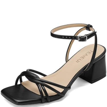 Imagem de TEAIEUI Sandálias femininas de salto alto com tiras quadradas, bico aberto, salto grosso, tira no tornozelo, casamento, festa de formatura, formatura, Preto, 38