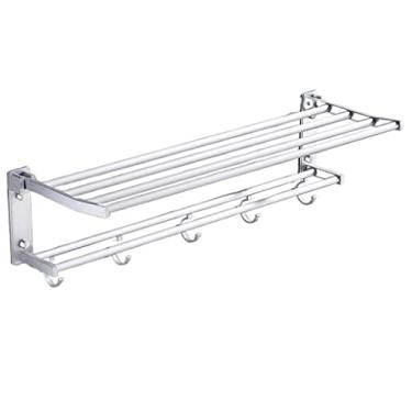 Imagem de 3FLQOOPP Toalheiro suporte de toalha de banho toalheiro suporte de toalha espaço livre de perfuração alumínio suporte de toalha dobrável duplo com gancho removível prateleira suporte de toalha r
