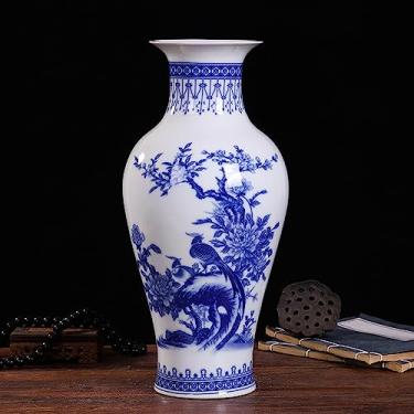 Imagem de Jingdezhen Vasos de flores de cerâmica de porcelana azul e branco decorativos 35,5 cm conectados à sala de estar, escritório, artesanato, decoração, decoração de mesa, padrão de flores e pássaros