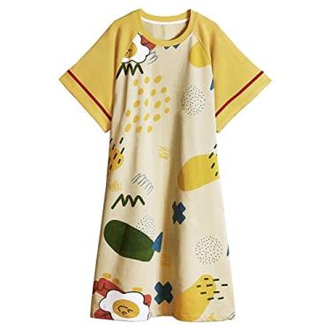 Imagem de 3FLQOOPP Nightie Camisa Longa Vestido de Dormir Vestido de Dormir Camisola Manga Curta Feminina Gola Redonda (Amarelo Grande)