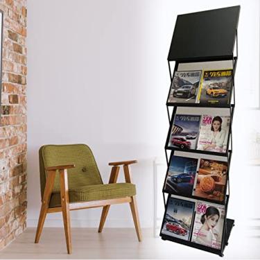 Imagem de ZDJZMGZ Suporte de exibição de escritório e suporte de revista, brochura dobrável, literatura, revista, com bolsos 3/4, suporte de exposição preto para cafeterias (4 níveis)