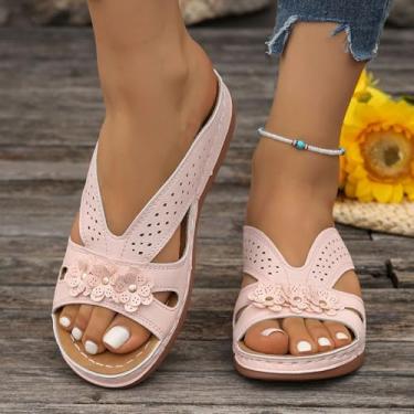 Imagem de Sandálias femininas de salto baixo com plataforma elegante, bico aberto, flor, confortável, caminhada, casual, sem cadarço, sapatos de verão, rosa, 36