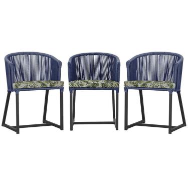 Imagem de 3 Cadeiras De Jantar Noronha Preta Corda Náutica E5 Trama Azul