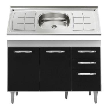 Imagem de Balcão Gabinete Com Pia Inox 120cm 3 Portas Branco/preto
