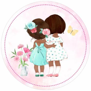 Imagem de Painel em Lona Redondo Meninas se Abraçando Flores e Borboletas Aquare